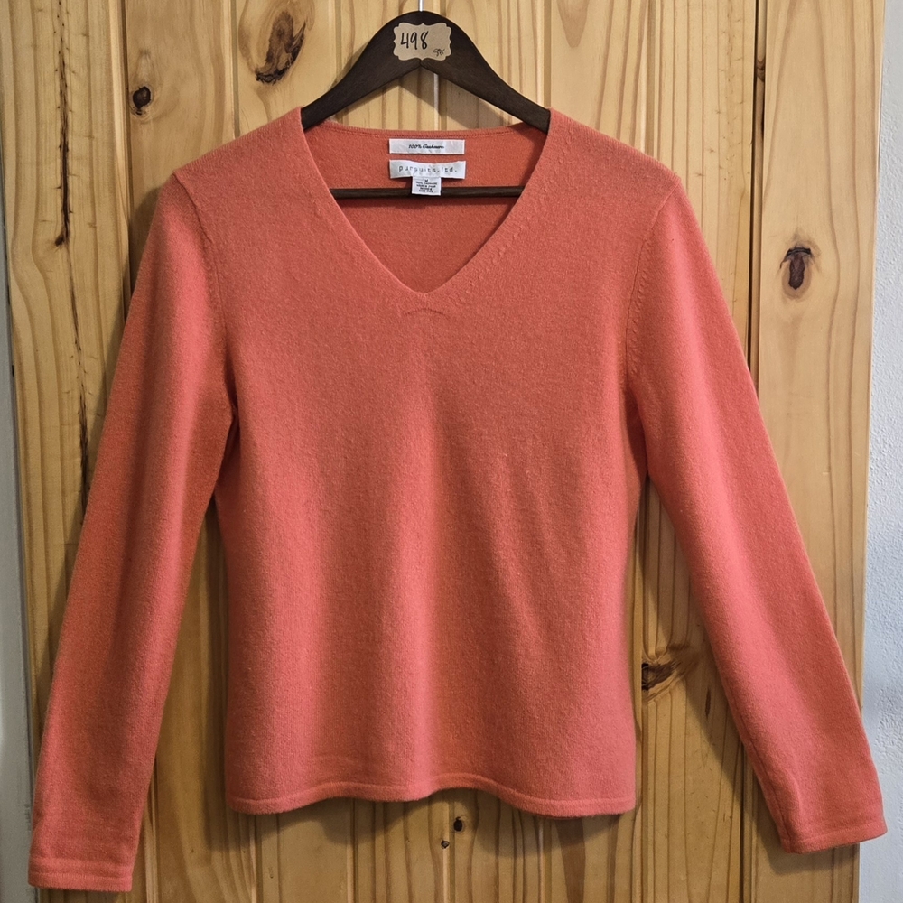 Lord & Taylor Women's Cashmere V-Neck Sweater Size M Long Sleeve Hermes Orange